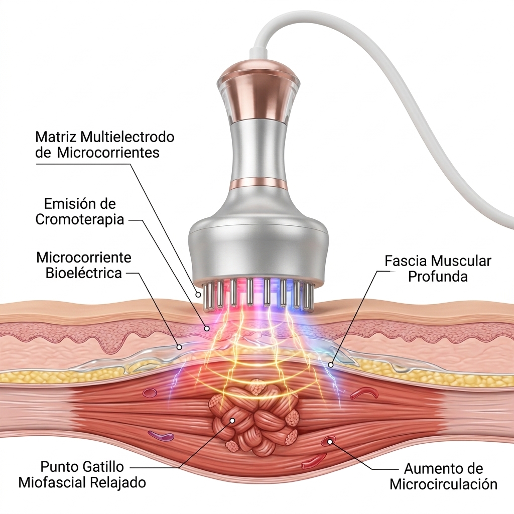 Render 3D del manípulo de microcorrientes y cromoterapia aplicado sobre tejido muscular profundo con bandas tensas miofasciales.