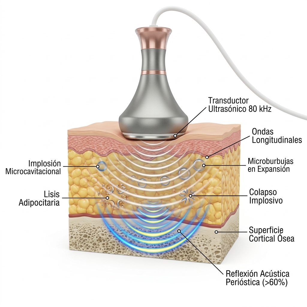 Diagrama biofísico 3D de microcavitación adipocitaria a 80 kHz y reflexión acústica destructiva en la interfase ósea perióstica.