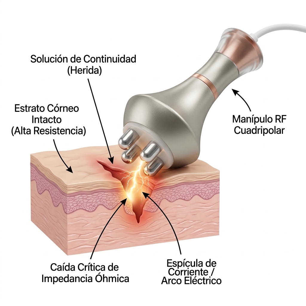 Corte microscópico 3D de piel lesionada mostrando el arco eléctrico y espícula de corriente por caída drástica de la impedancia óhmica ante radiofrecuencia.