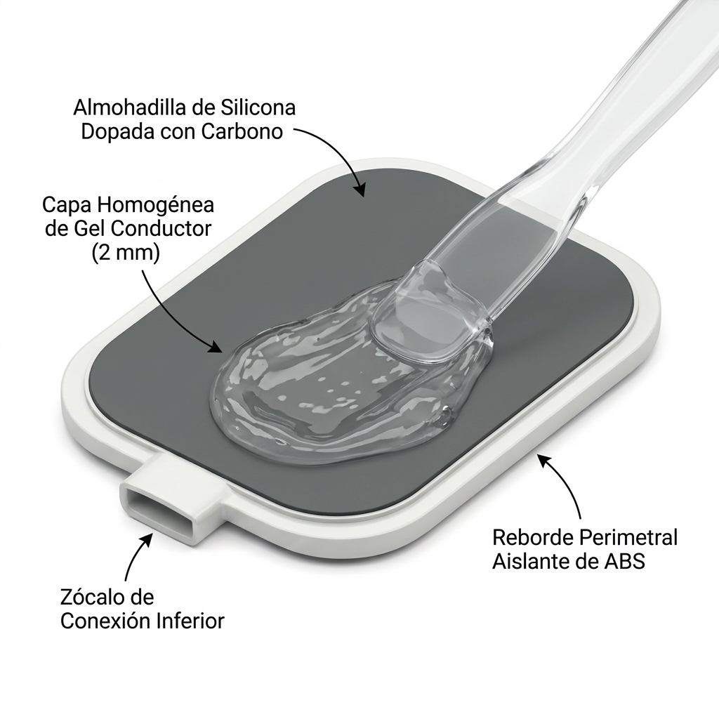 Render 3D de la colocación de una capa uniforme de gel conductor neutro de 2 mm de espesor sobre la superficie de silicona dopada con carbono del Pad EMS.
