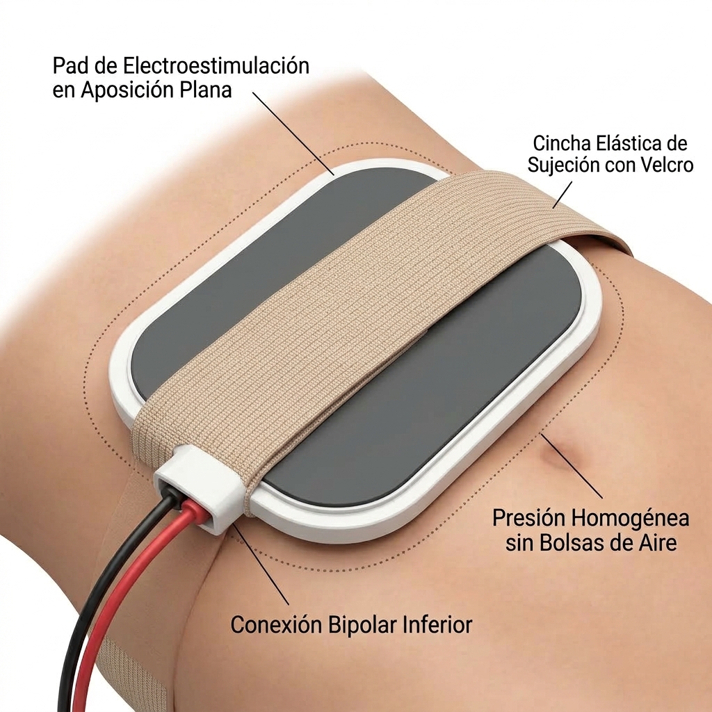 Render 3D del Pad de Electroestimulación posicionado en aposición plana sobre la piel y firmemente sujeto mediante cincha elástica con velcro.