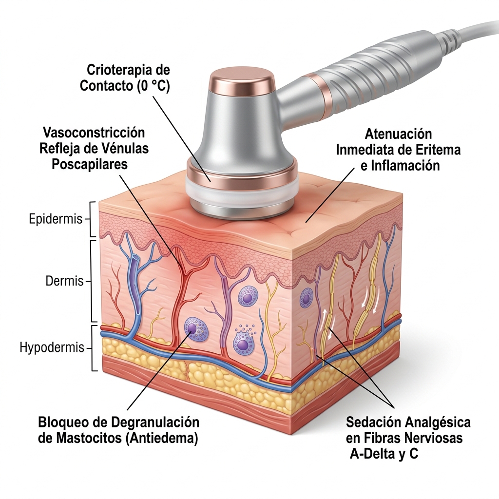 Diagrama 3D de corte transversal del tejido cutáneo mostrando vasoconstricción refleja y sedación nerviosa tras crioterapia a 0 °C.