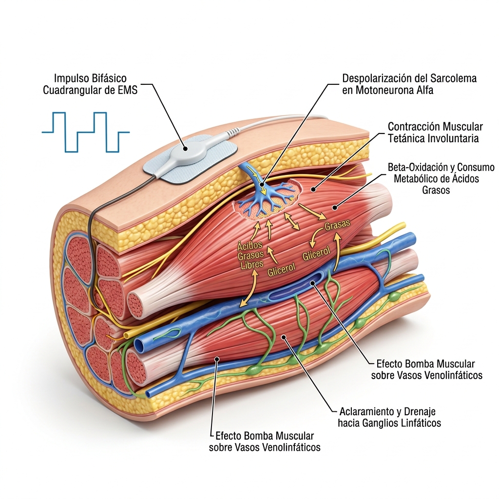 Esquema 3D neuromuscular de despolarización de motoneuronas, contracción muscular y aclaramiento metabólico.