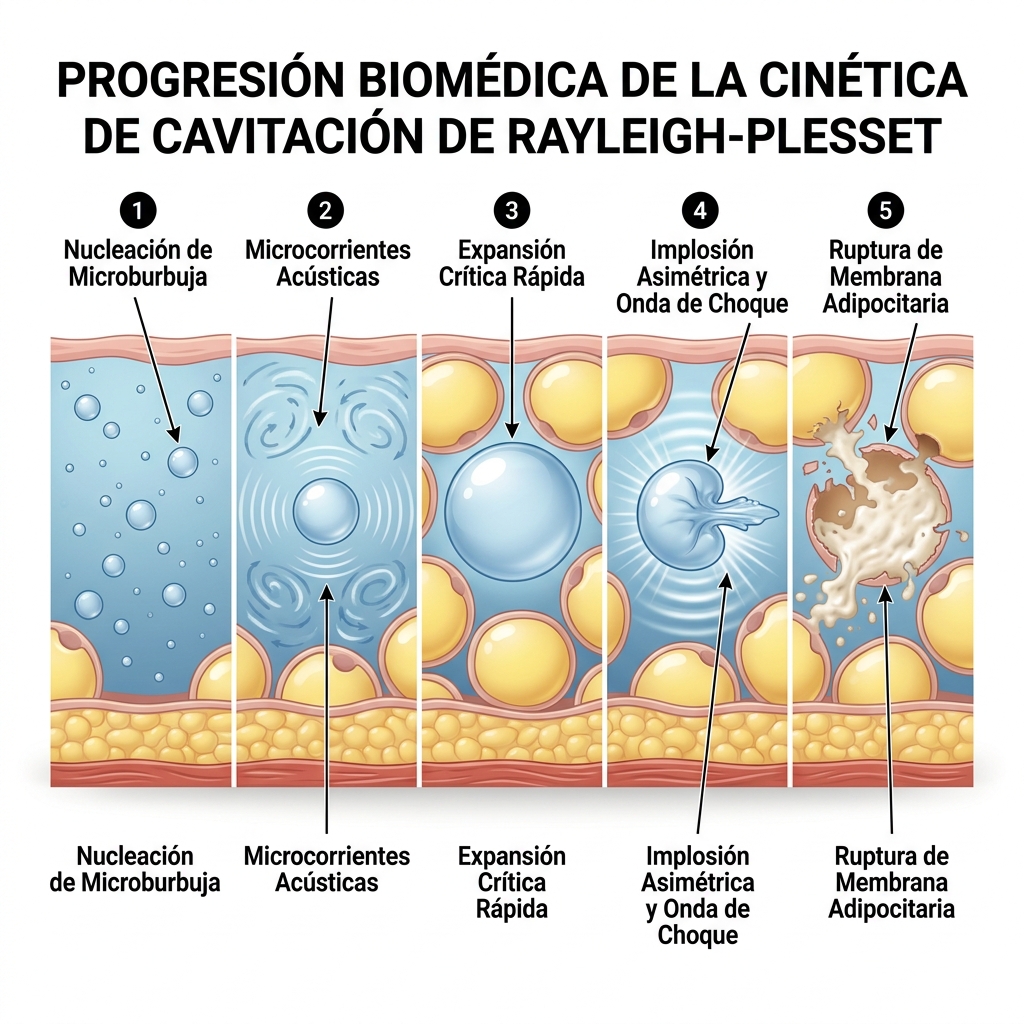 Esquema biomédico microscópico 3D de la secuencia de cavitación: nucleación de microburbuja, cavitación estable, implosión violenta y rotura de la membrana del adipocito.