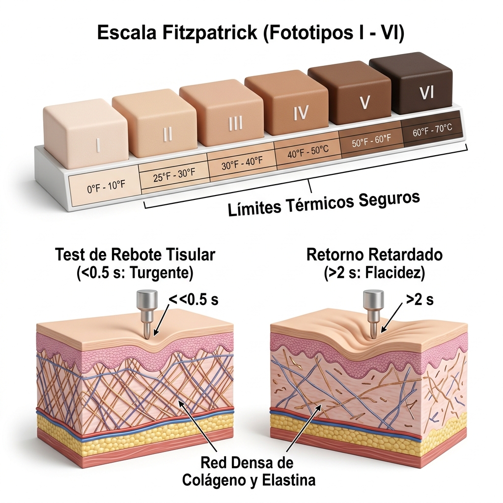 Esquema comparativo 3D de diagnóstico tisular integrando la escala de Fitzpatrick, Glogau y el test de retracción tisular (Pinch & Snap Test).