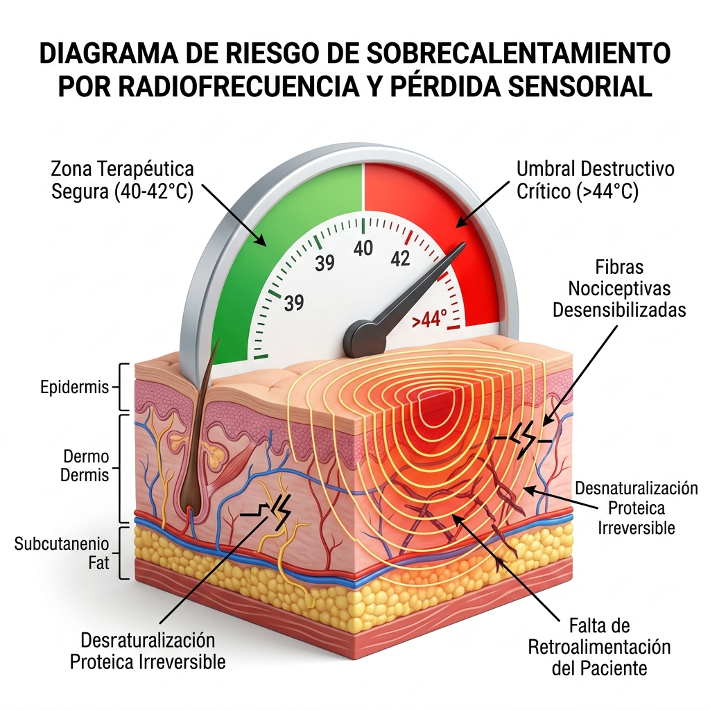 Esquema 3D biofísico de la pérdida de retroalimentación nociceptiva y riesgo de quemadura profunda por encima del umbral de 44 °C.