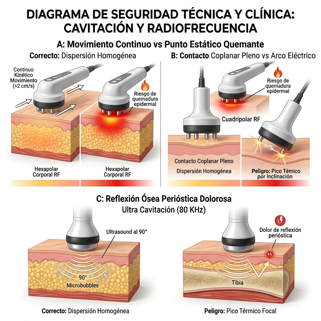 Esquema técnico comparativo de riesgos de seguridad: movimiento dinámico vs sobrecalentamiento estático, y contacto coplanar vs arco eléctrico.