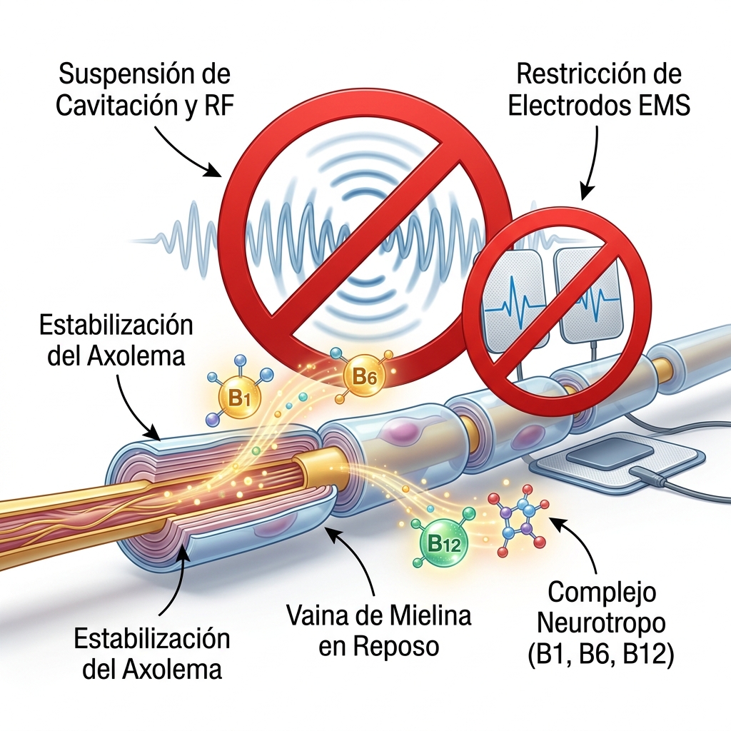 Diagrama 3D biomédico del protocolo de manejo para disestesia: suspensión de estímulos, restricción de electrodos EMS y regeneración del axolema con vitaminas neurotropas.