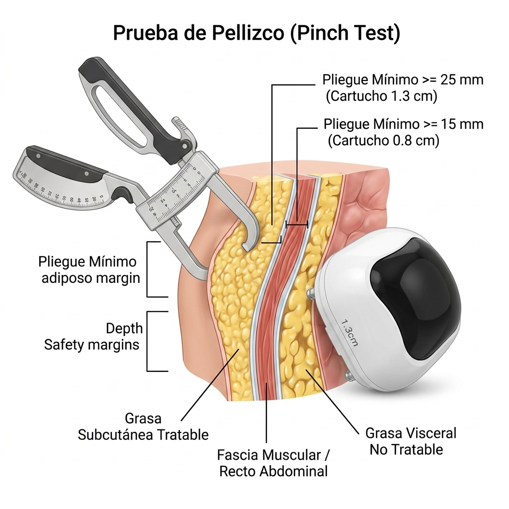 Render 3D anatómico de la maniobra de pellizco cutáneo (Pinch Test) y medición con plicómetro médico, comparando los cartuchos de 1.3 cm (pliegue >= 25 mm) y 0.8 cm (pliegue >= 15 mm) y diferenciando grasa subcutánea de grasa visceral.