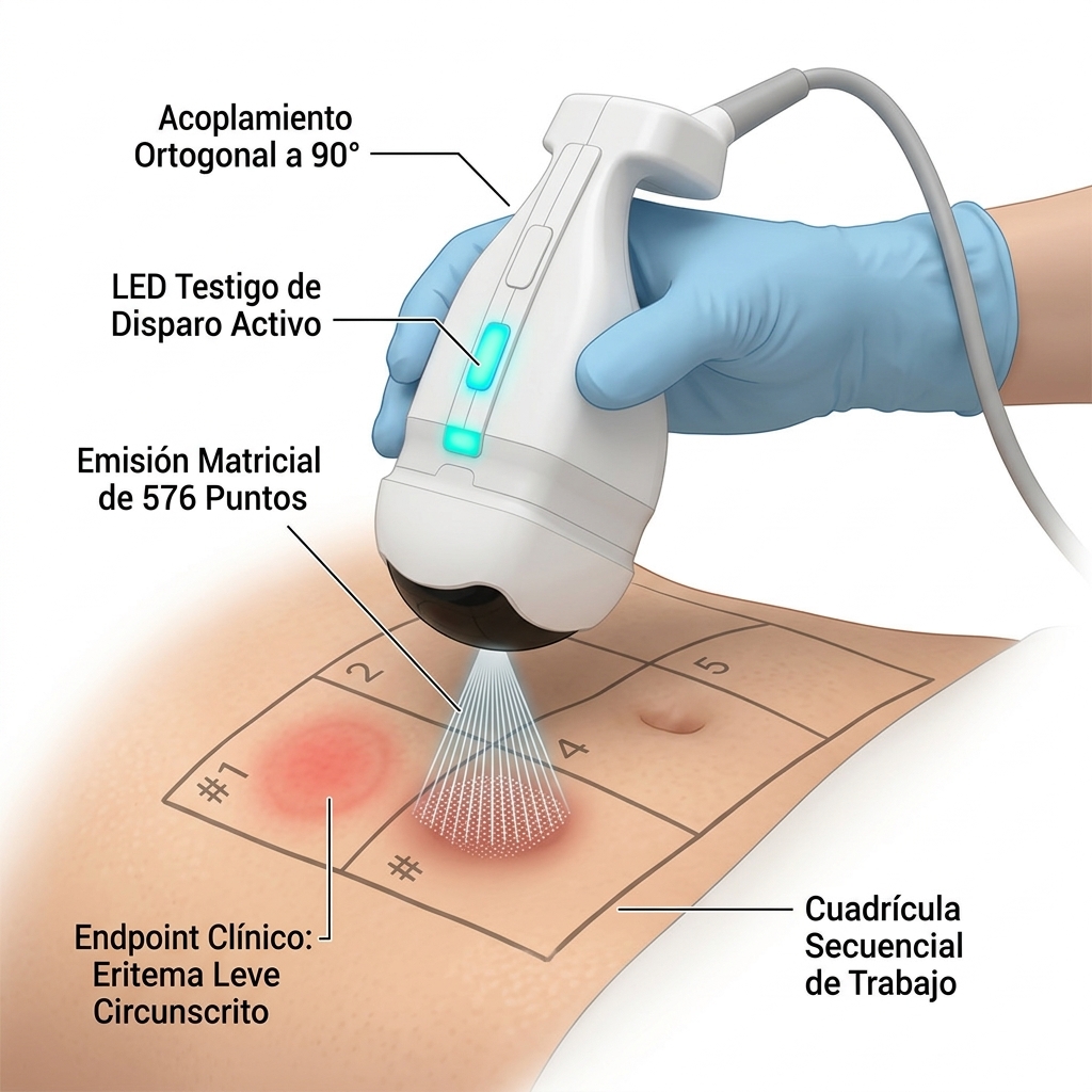 Render 3D técnico que muestra la ejecución activa del disparo en un cuadrante abdominal, con el manípulo a 90°, el LED indicador activo y la respuesta tisular esperada (eritema leve).