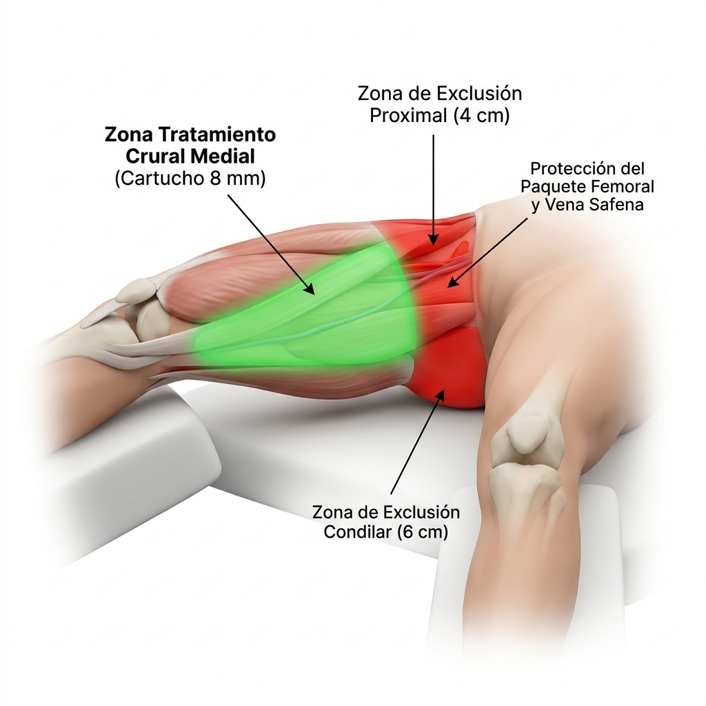 Render 3D topográfico de la cara medial de los muslos delimitando la zona segura para cartucho de 8 mm y la zona prohibida proximal del triángulo femoral y vena safena.