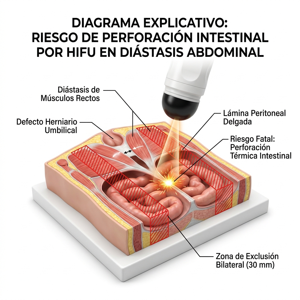 Corte transversal 3D de la pared abdominal patológica con diástasis de rectos y defecto herniario mostrando el riesgo de perforación visceral por haz ultrasónico profundo.