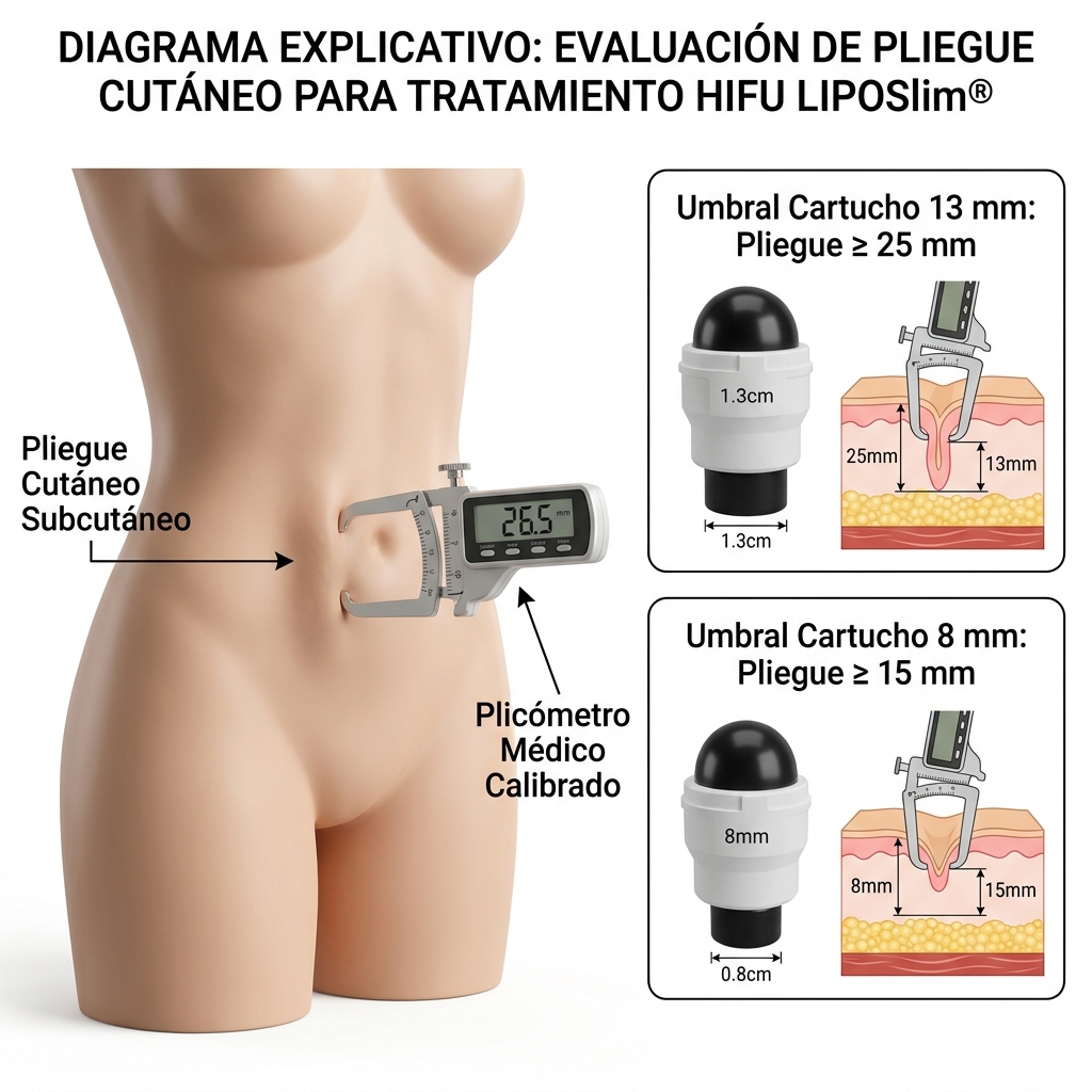 Ilustración 3D técnica demostrando la maniobra de plicometría y pinzamiento bimanual en bipedestación para verificar los espesores de corte de 15 mm y 25 mm.