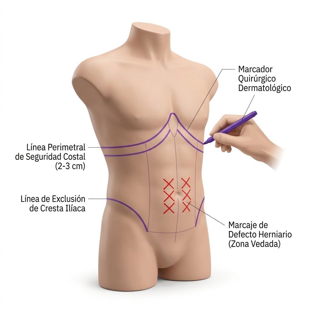 Render 3D del marcaje quirúrgico con rotulador dermatológico delimitando las líneas de amortiguación de 2-3 cm sobre rebordes costales, crestas ilíacas y defectos de pared.
