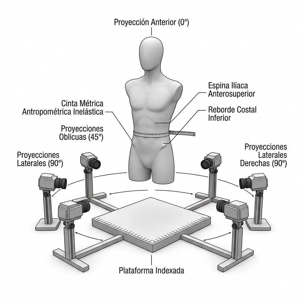 Diagrama 3D del protocolo estandarizado de registro antropométrico y fotográfico: 5 proyecciones clínicas fijas (anterior, oblicuas y laterales) y medición métrica rigurosa referenciada en espinas ilíacas y reborde costal.
