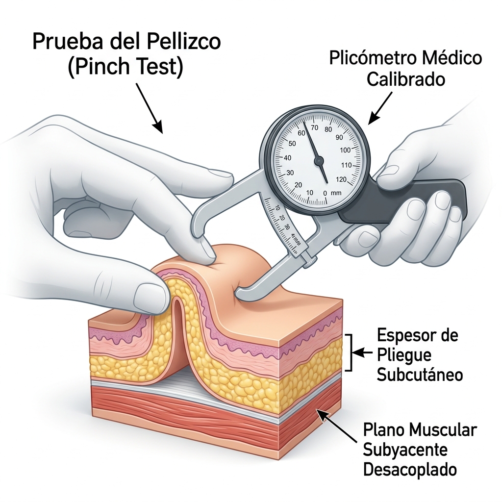 Diagrama clínico 3D que ilustra la maniobra de pellizco dinámico (Pinch Test) y la medición calibrada con plicómetro médico para determinar el espesor del panículo adiposo.