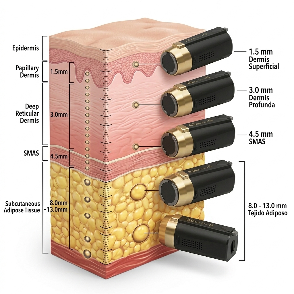 Sección transversal de la piel que muestra la profundidad focal y el efecto histológico de los cartuchos de 1.5 mm, 3.0 mm, 4.5 mm, 8.0 mm y 13.0 mm junto a los cartuchos reales.