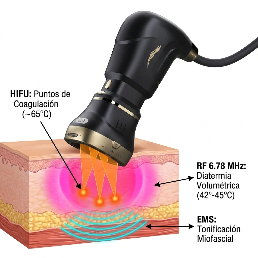 Diagrama de triple acción sinérgica mostrando el manípulo 18D RS en posición activa aplicando simultáneamente HIFU, RF (6.78 MHz) y microcorrientes EMS sobre el tejido cutáneo y muscular.