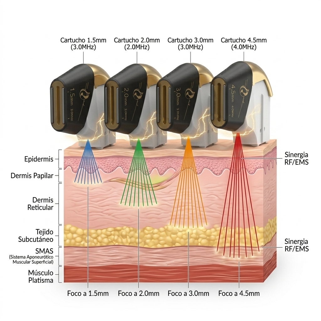 Alineación de cartuchos faciales híbridos reales sobre corte de piel correlacionando cada profundidad focal (1.5mm, 2.0mm, 3.0mm, 4.5mm).