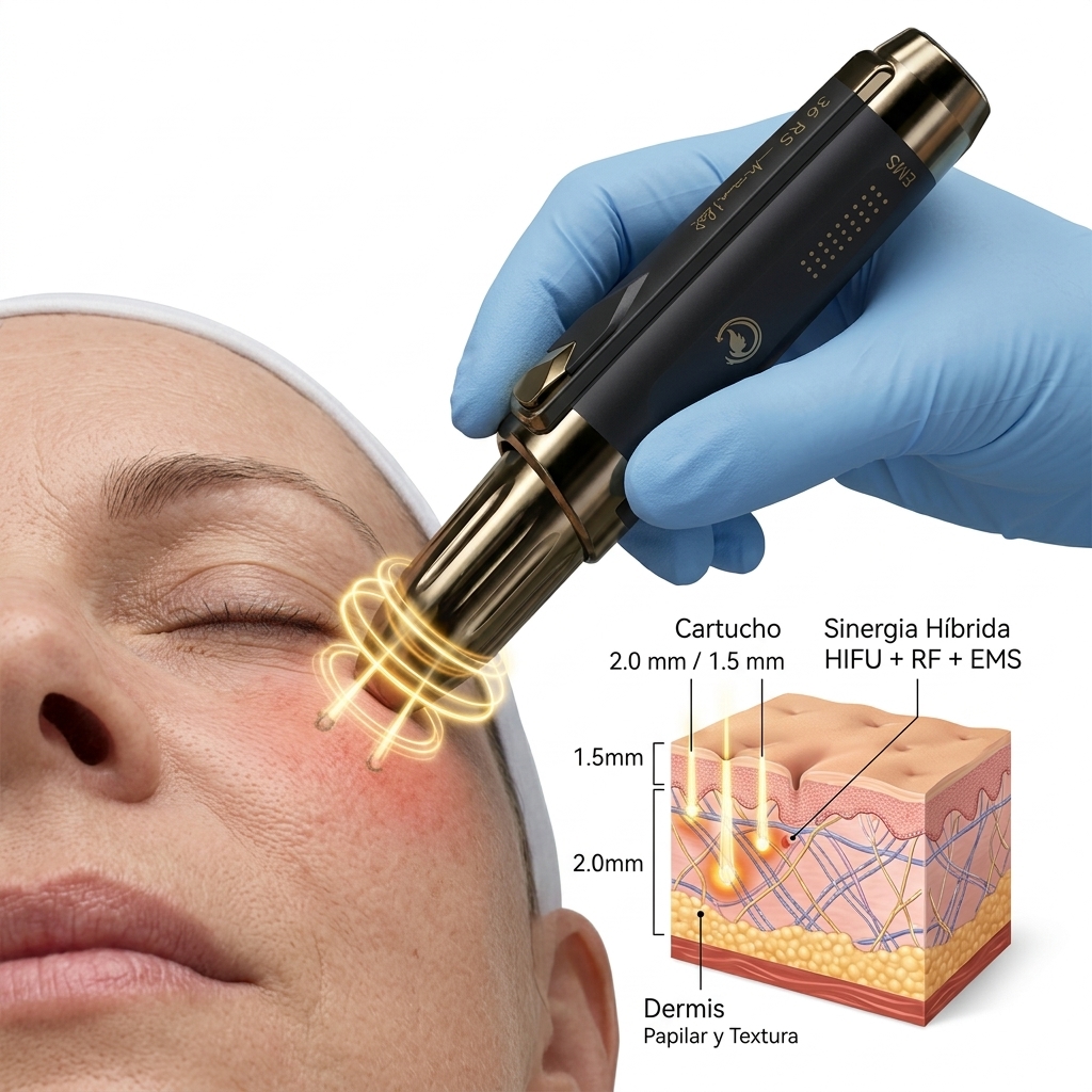 Aplicación periorbicular y frontal de precisión con manípulo especializado y sinergia RF/EMS.