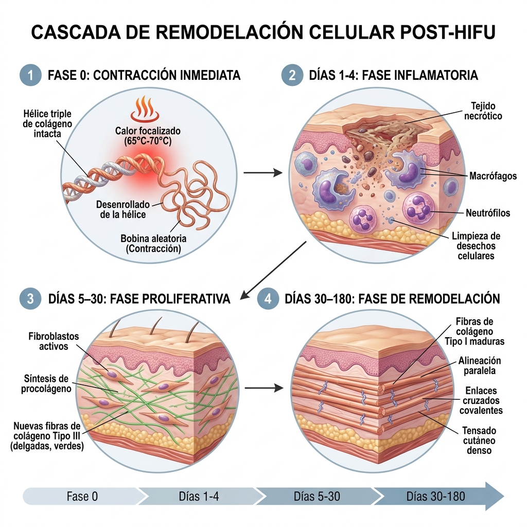 Infografía cronobiológica de 4 etapas que ilustra la desnaturalización del tropocolágeno, respuesta inflamatoria, síntesis de colágeno tipo III y maduración a colágeno tipo I.