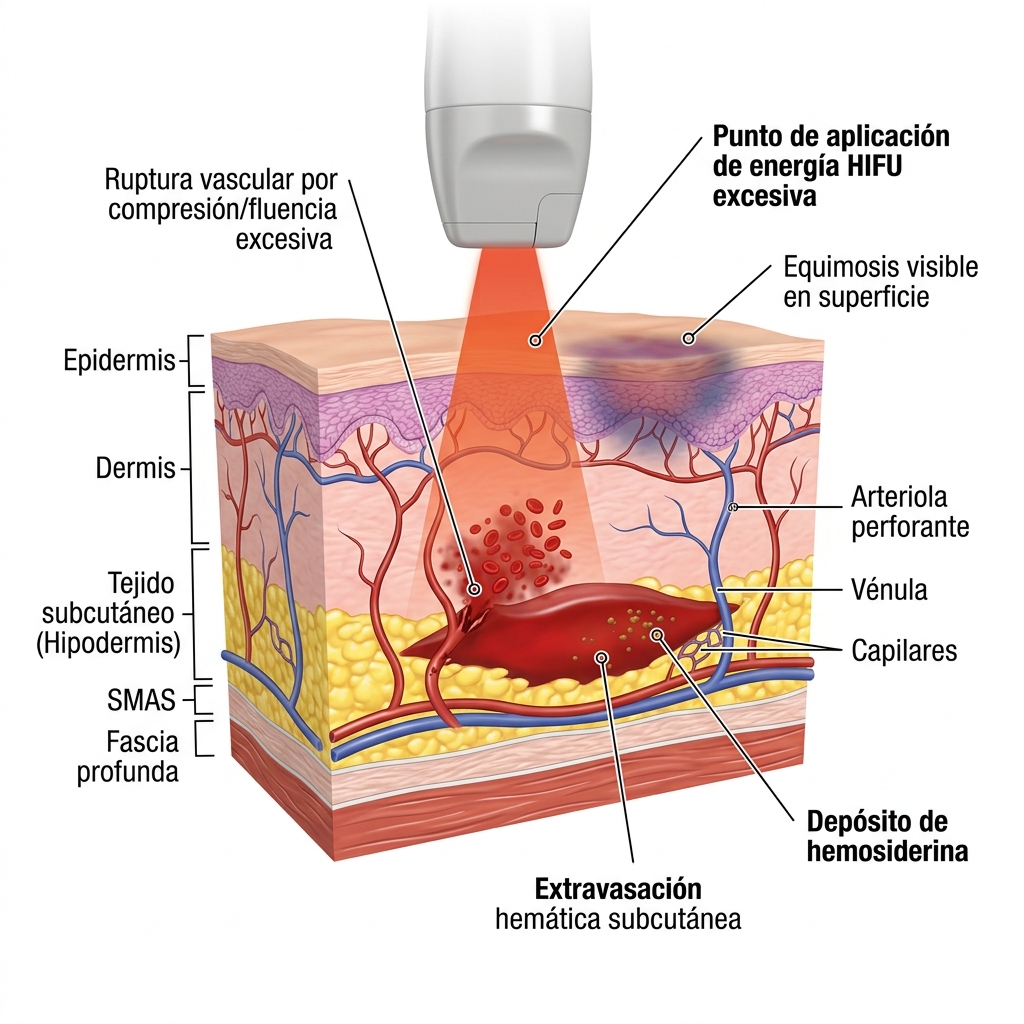 Diagrama del mecanismo de ruptura vascular por exceso de presión o fluencia sobre vasos faciales.