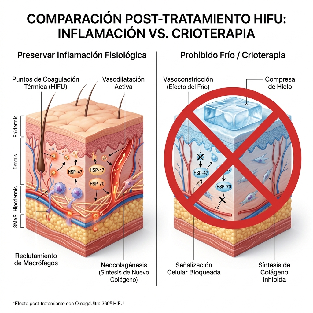Diagrama fisiopatológico del impacto negativo del frío post-HIFU
