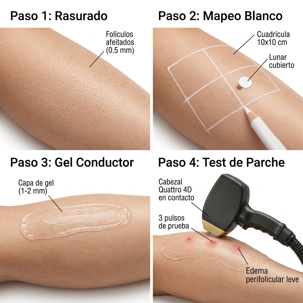 Protocolo secuencial paso a paso de preparación: rasurado, cuadrícula blanca, capa de gel conductor y test de parche con manípulo Quattro 4D.