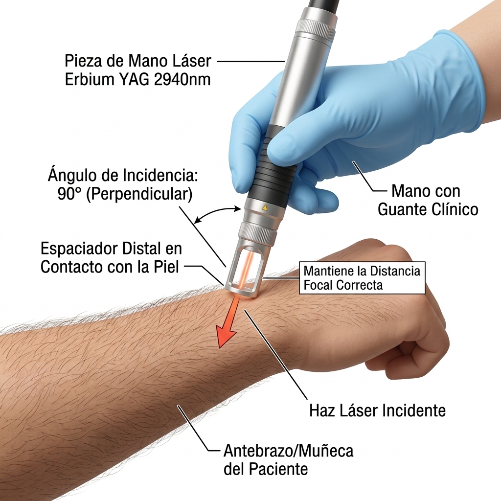 Diagrama clínico 3D basado en la foto del usuario. Mostrar la pieza de mano del Láser Erbium YAG 2940nm sostenida por una mano con guante clínico, posicionada perpendicularmente a 90 grados sobre la piel del antebrazo/muñeca que se observa en la foto. Resaltar la importancia del contacto del espaciador distal con la piel para mantener la distancia focal correcta. Incluir una flecha que indique la emisión del haz láser incidente.