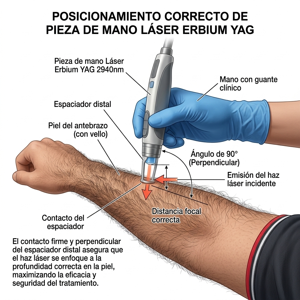 Diagrama clínico 3D basado en la foto del usuario. Mostrar la pieza de mano del Láser Erbium YAG 2940nm sostenida por una mano con guante clínico, posicionada perpendicularmente a 90 grados sobre la piel del antebrazo que se observa en la foto. Resaltar la importancia del contacto del espaciador distal con la piel para mantener la distancia focal correcta. Incluir una flecha que indique la emisión del haz láser incidente.