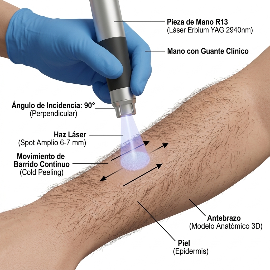 Diagrama clínico 3D basado en la foto del usuario. Mostrar la pieza de mano R13 del Láser Erbium YAG 2940nm sostenida por una mano con guante clínico, posicionada perpendicularmente a 90 grados sobre la piel del antebrazo que se observa en la foto. Resaltar la emisión del haz láser con un spot amplio de 6-7 mm, ilustrando un movimiento de barrido continuo para la técnica de 'Cold Peeling'.